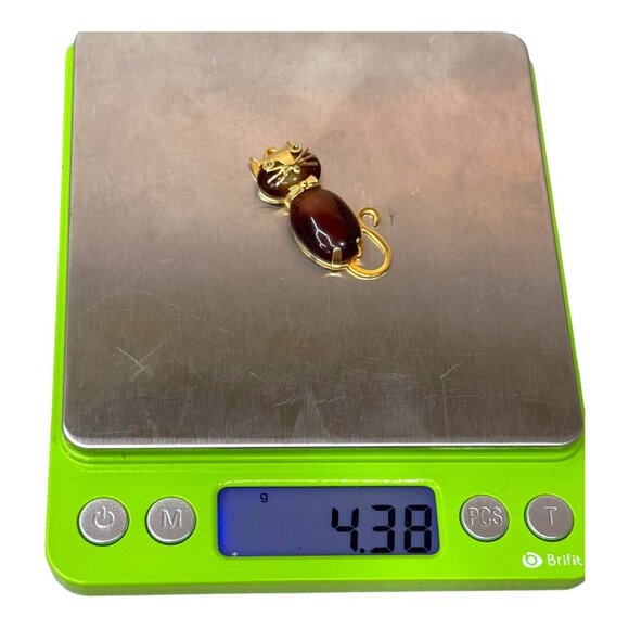 VTG Signed Gold Hobco House of Borvani Tiger Eye Cabochon green eyes Cat pendant - Picture 5 of 5